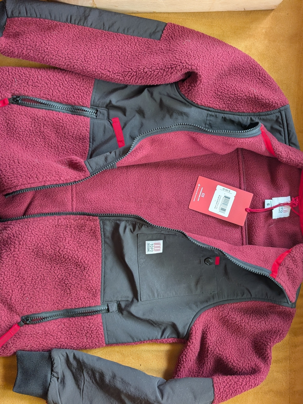 Topo Designs Raspberry Teddy Fleece Jacket with Gray Panels